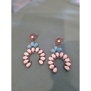 Western Turquoise Stone Arch Earrings Silver Tone Boho Southwestern Women